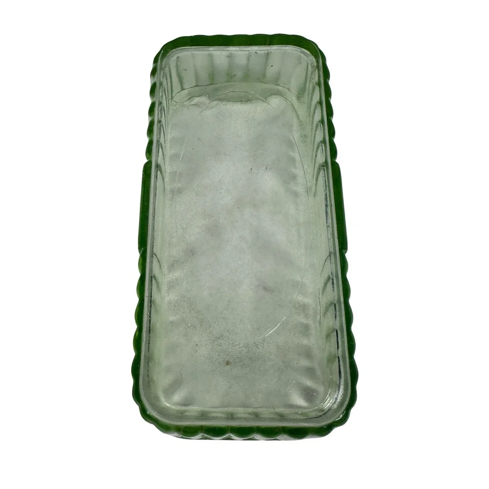 Vintage Green Uranium Depression Glass Ribbed Rectangular Refrigerator Dish